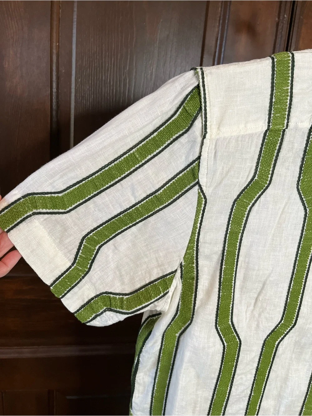 Banana Republic Embroidered Linen Shirt Short Sleeve Men's L Green Geometric
